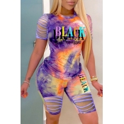 Lovely Casual Tie-dye Hollow-out Purple Two-piece 