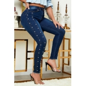 Lovely Casual Pearl Decoration Blue Jeans