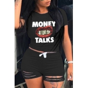 Lovely Casual Letter Print Black Two-piece Shorts 