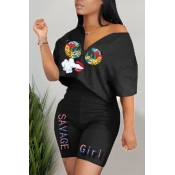Lovely Casual Print Black Two-piece Shorts Set
