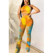lovely Sexy Tie-dye Skinny Yellow Two-piece Pants 