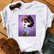 lovely Casual O Neck Print Purple T-shirt