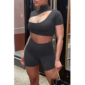 Lovely Sexy Hollow-out Black Two-piece Shorts Set