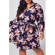 lovely Trendy Hubble-bubble Sleeve Print Navy blue