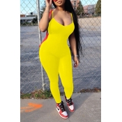 lovely Casual Spaghetti Strap Yellow One-piece Jum