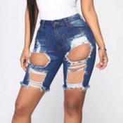 Lovely Casual High-waisted Broken Holes Deep Blu D