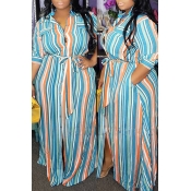lovely Casual Striped Print Skyblue Maxi Plus Size