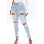 lovely Stylish Hollow-out Baby Blue Jeans