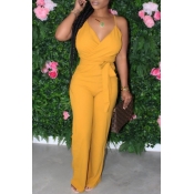 lovely Stylish Lace-up Yellow One-piece Jumpsuit