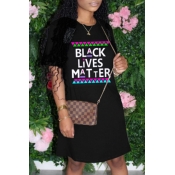Lovely Leisure O Neck Print Black Knee Length Dres