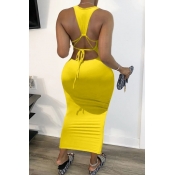 LW Sexy Backless Yellow Ankle Length Dress