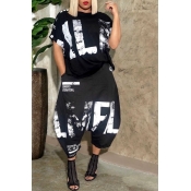 LW Casual O Neck Letter Print Black Two-piece Pant