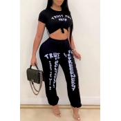 Lovely Casual O Neck Letter Print Black Two-piece 