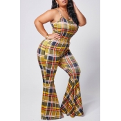 Lovely Plus Size Trendy Grid Print Yellow One-piec