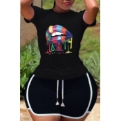 lovely Sportswear O Neck Print Black Plus Size Two