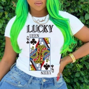 Lovely Casual O Neck Print Pure White Plus Size T-