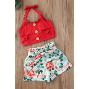 lovely Stylish Plants Print Red Girl Two-piece Sho