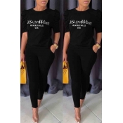 lovely Casual O Neck Letter Print Black Two-piece 