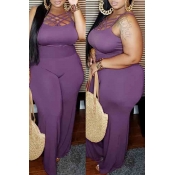 lovely Trendy Hollow-out Purple Plus Size One-piec