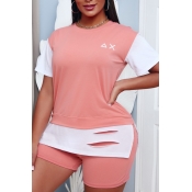 LW Leisure O Neck Patchwork Pink Two-piece Shorts 