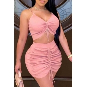 Lovely Sexy Fold Design Pink Two-piece Skirt Set
