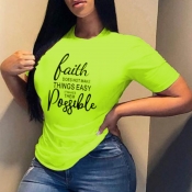 Lovely Casual O Neck Letter Print Cyan T-shirt