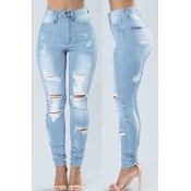 Lovely Stylish High-waisted Broken Holes Baby Blue