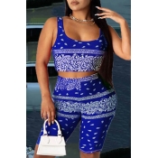 Lovely Trendy Print Blue Two-piece Shorts Set