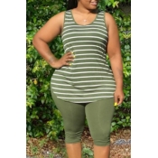 Lovely Street O Neck Striped Army Green Plus Size 