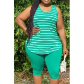 Lovely Street O Neck Striped Green Plus Size Two-p