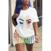 LW Street O Neck Print White Two-piece Shorts Set