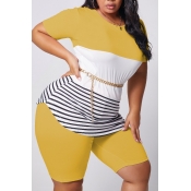 lovely Casual Patchwork Yellow Plus Size Two-piece