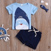 lovely Casual O Neck Print Baby Blue Boy Two-piece