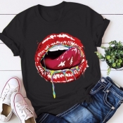 lovely Casual O Neck Lip Print Black T-shirt