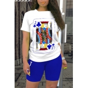 LW Leisure O Neck Print Royalblue Two-piece Shorts