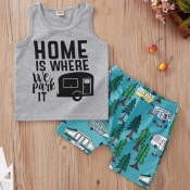 lovely Casual Letter Print Grey Boy Two-piece Shor