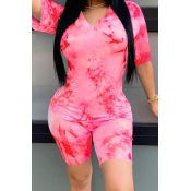 Lovely Trendy V Neck Tie-dye Rose Red Two-piece Sh