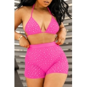 Lovely Hot Drilling Decorative Pink Two-piece Swim