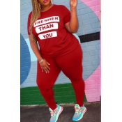 lovely Street Letter Print Red Plus Size Two-piece