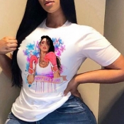 lovely Leisure O Neck Print White Plus Size T-shir