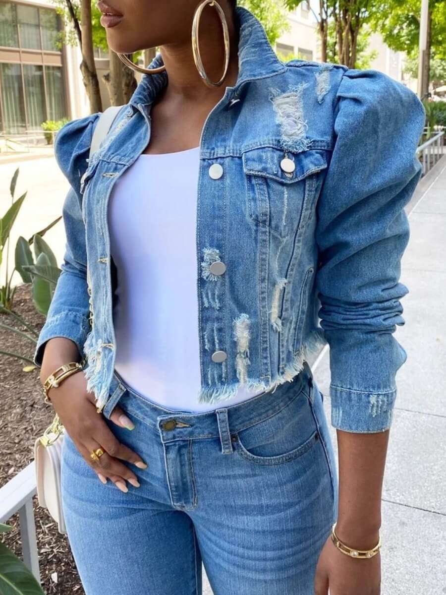 LW Puff Sleeve Raw Edge Denim Jacket
