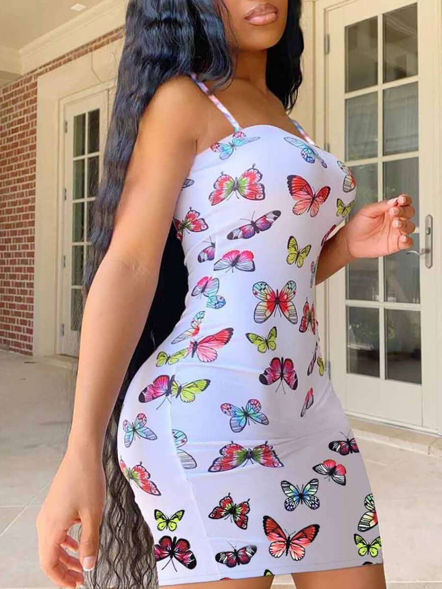 LW SXY Spaghetti Strap Butterfly Print White Mini Dress