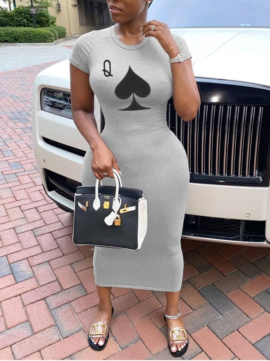 LW Casual O Neck Print Grey Mid Calf Dress