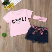 lovely Casual O Neck Print Pink Girl Two-piece Sho
