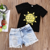 lovely Casual O Neck Print Black Girl Two-piece Sh