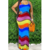 lovely Bohemian Rainbow Striped Blue Maxi Dress