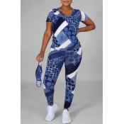 Lovely Leisure O Neck Print Blue Two Piece Pants S