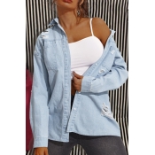 Lovely Casual Broken Holes Baby Blue Denim Jacket