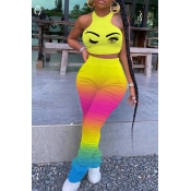 lovely Casual Gradual change Print Yellow Two Piec