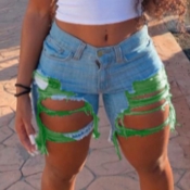 Lovely Sexy Hollow-out Green Denim Shorts